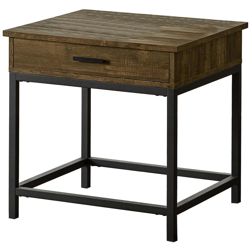 Industrial Style Square End Table In Brown Oak With Drawer Modern Rustic Metal Base