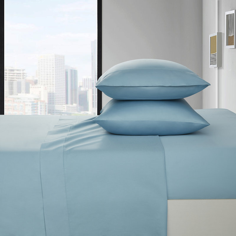 Ensemble de draps en satin 100 % coton d'une contexture de 400 fils, Aigue-marine, Simple