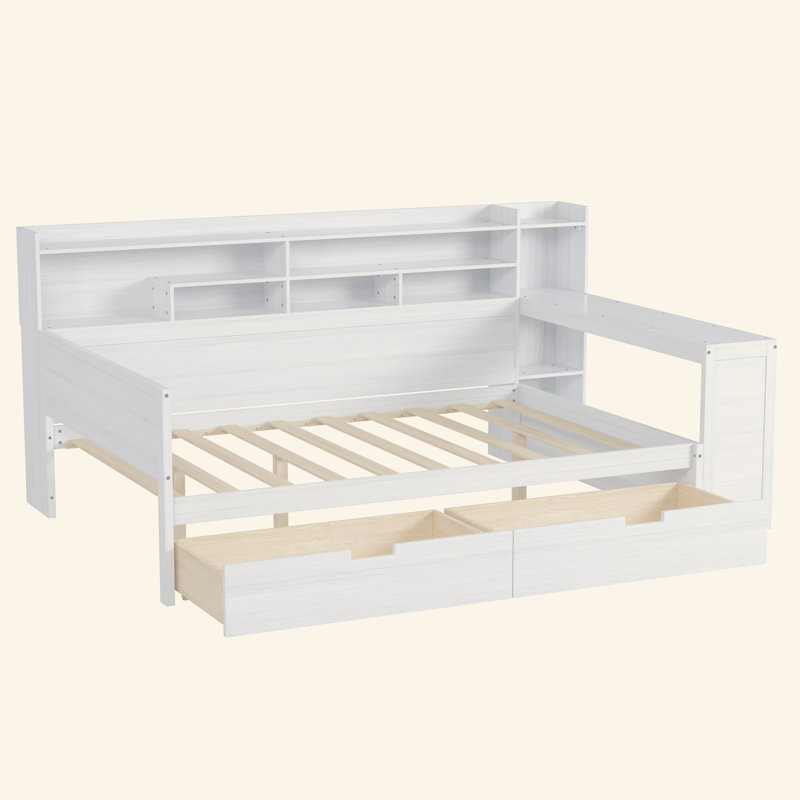 Lit de jour en bois avec tablettes de rangement, lit multifonctionnel avec deux tiroirs de rangement et bureau d'étude