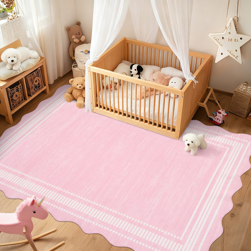 8 x 10 ft Pink Rectangular Polyester Bedroom Living Room Dining Room Nursery Room Solid Indoor Modern Non Slip Machine Washable Area Rug