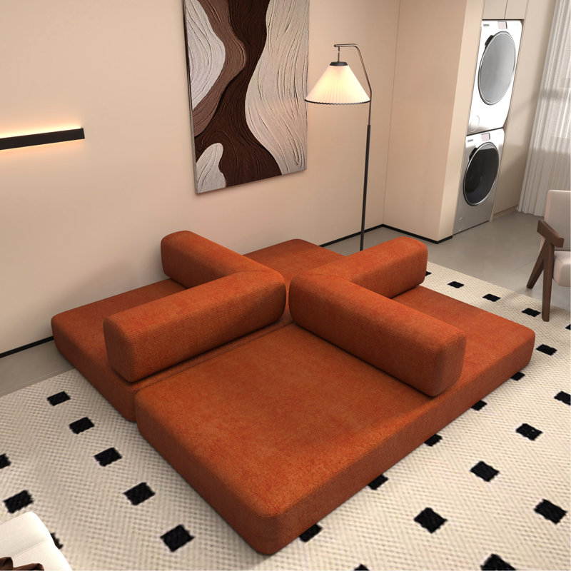 Velours côtelé orange, lit convertible au sol, 3 places, canapé-lit pliant, structure en métal, dossier moelleux, accoudoirs carrés, mousse à mémoire de forme rouge, matelas, accoudoirs