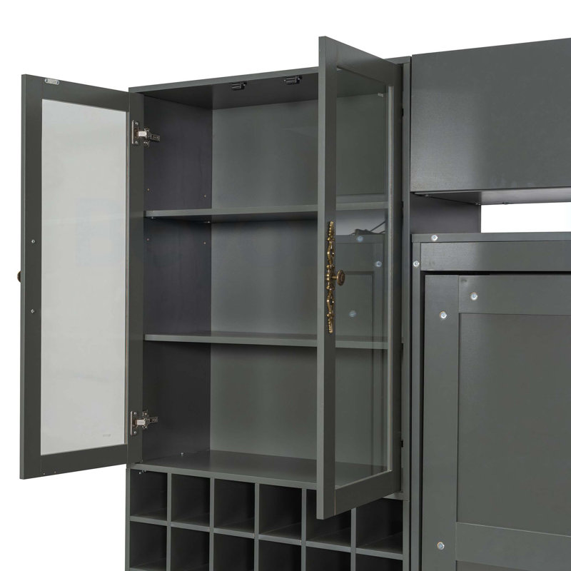 Lit escamotable avec rangement, armoire à lumières, canapé et porte-bouteilles, Gris, Grand