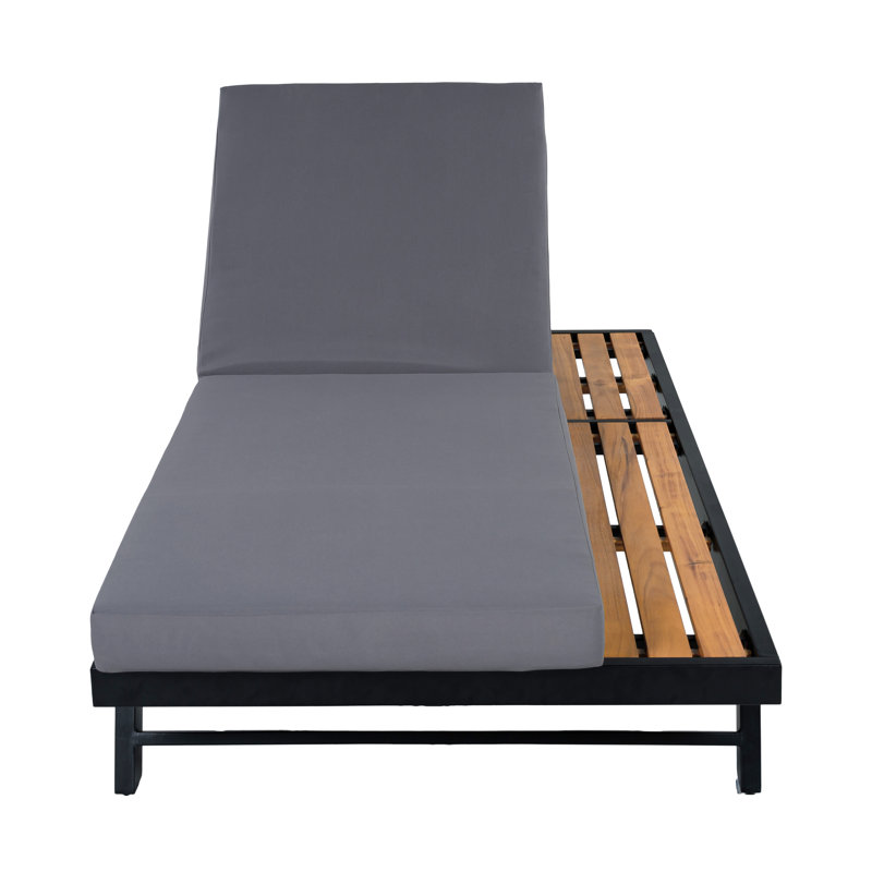Tyvorn 76.75'' Long Modern Minimalist Outdoor Acacia Wood Accent Chaise Lounge with Iron Frame, Adjustable Backrest & Water-Repellent Cushions for Patio, Poolside, Backyard