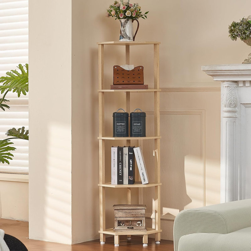 Étagère d'angle à 5 niveaux, naturel | Bibliothèque d'angle en bois pour petits espaces, tablette d'angle avec base robuste à 5 pieds pour la salle de bain