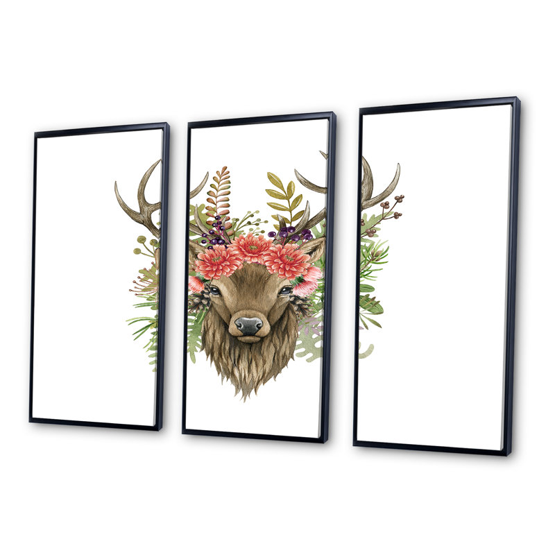 Portrait de cerf avec fleurs - ensemble d'art mural sur toile traditionnel encadré de 3, L 48 po x H 32 po x P 1 po, Noir