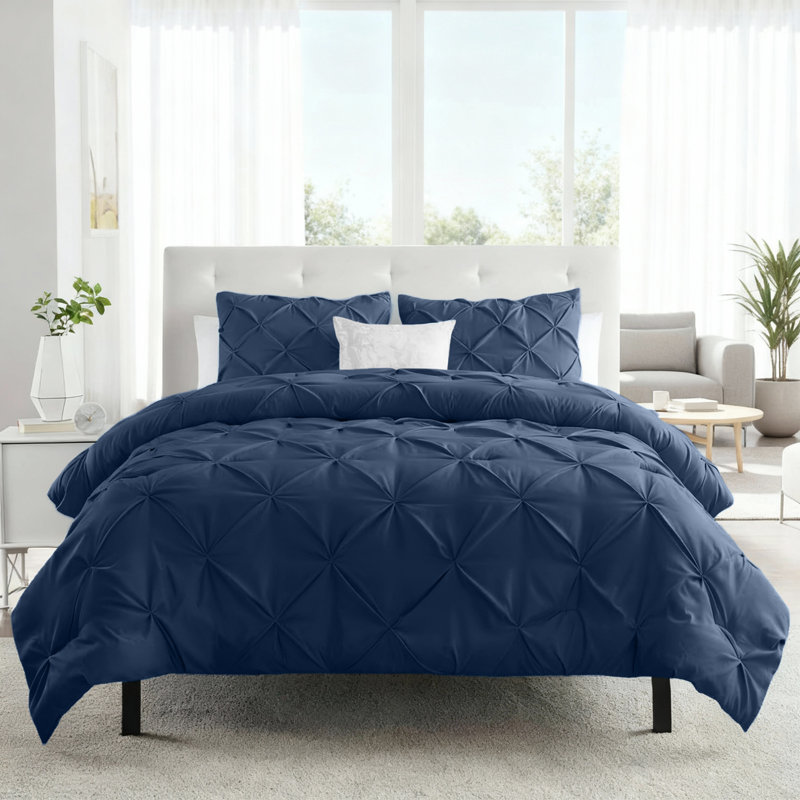 Aspire Homeware High Quality Microfiber Pintuck Design Duvet Cover With Pillowcases, Single Duvet Cover  + 1 Pillowcase, Navy