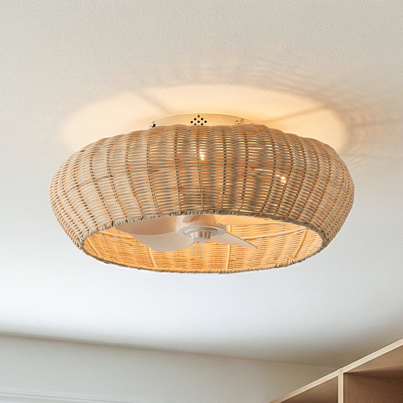 Ventilateur de plafond encastré de 50 cm (20 pouces) en rotin tressé de style bohème avec lumière et télécommande, style lustre naturel