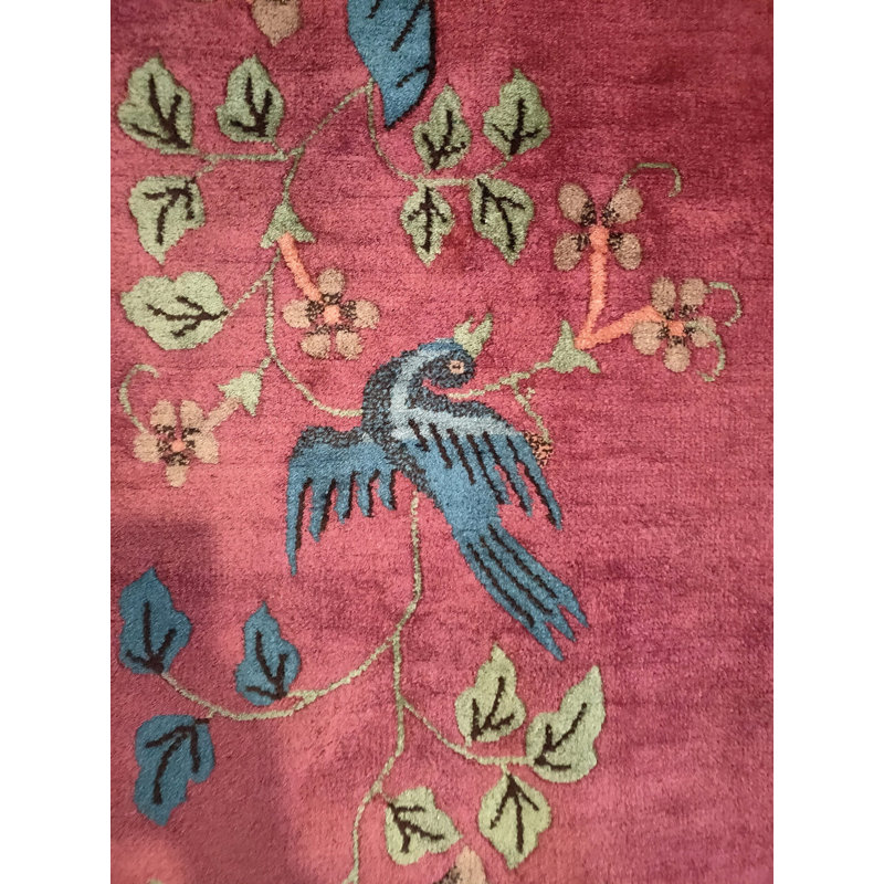 Coral Chinese Knotted Small Scatter Size - Art Deco Rectangle 1920s Antique Wool Rug