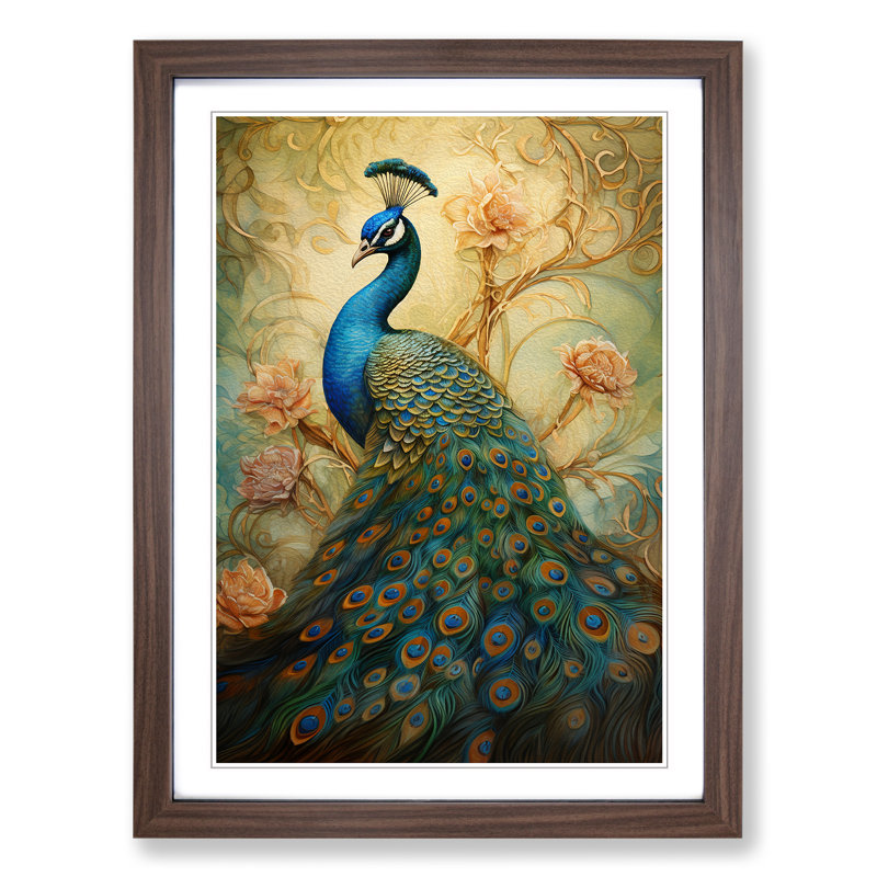 Peacock Tachisme - Single Picture Frame Print on Wood, Walnut Framed, 34cm H x 25cm W x 2" D