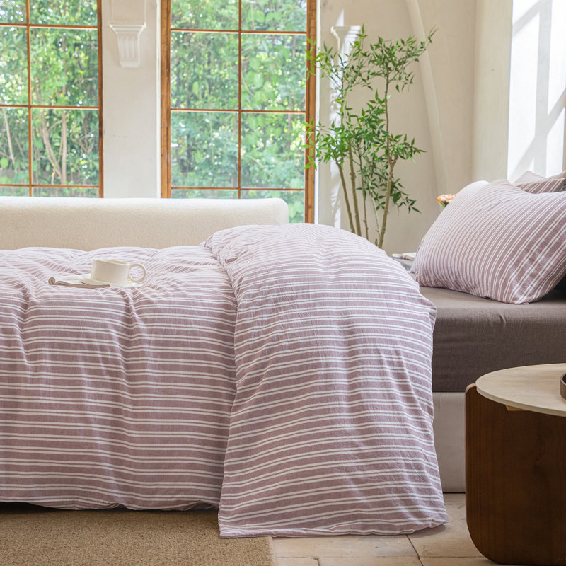 DONEUS Striped Duvet Cover Set 100% Washed Cotton Linen Like Soft Feelling Breathable Bedding, Dusty Purple