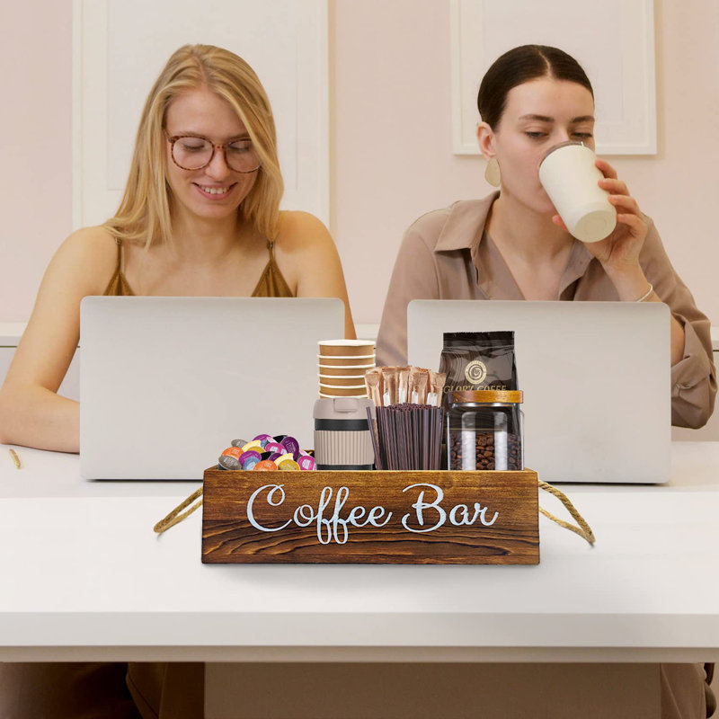 Organisateur de station de café avec petits diviseurs amovibles, rangement d'accessoires de bar à café en bois pour le comptoir, panier de support de dosette Kcup avec poignée pour amateur de café