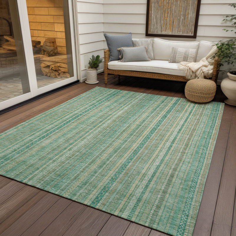 Tapis turquoise intérieur / extérieur lavable à la machine Claudian ACN1655, Rectangulaire 8 pi x 10 pi