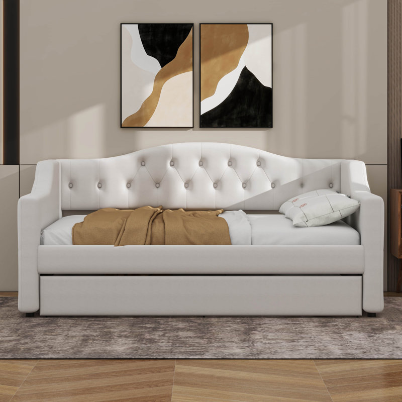 Lit de jour rembourré de taille XL avec ceinture à DEL et lit gigogne, Beige