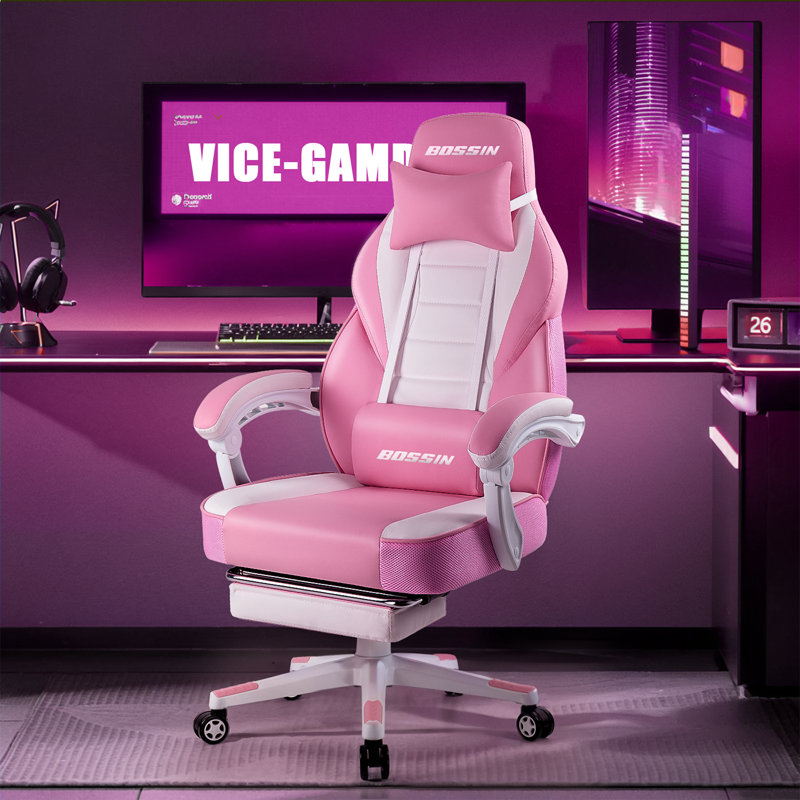 BOSSIN Gaming Chairs with Footrest, Ergonomic Computer Game Chairs with Lumbar Support, Pink/White