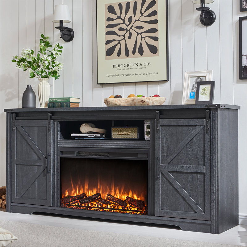 Dossou 70 Inch TV Stand For TVs Up To 80 Inches With Electric Fireplace Included, Black, Black