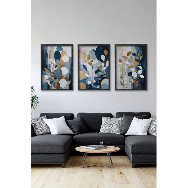 Ensemble de 3 panneaux décoratifs élégants en bois aggloméré, cadre en bois massif, 13,4 x 19,3 x 0,6 pouces | Œuvre d'art 100% MDF avec impression numérique | Parfait pour le salon, la chambre à coucher et le bureau, design élégant et moderne