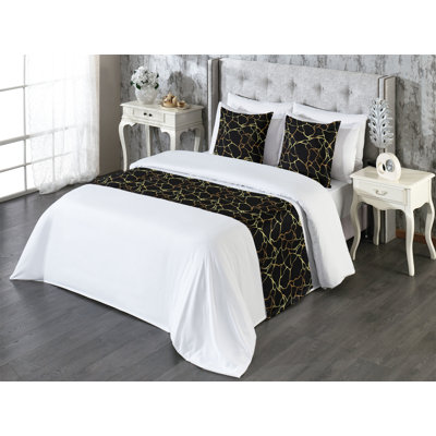Ambesonne Abstract Bed Runner Set Stone Marble Look Print Charcoal Grey and Mustard