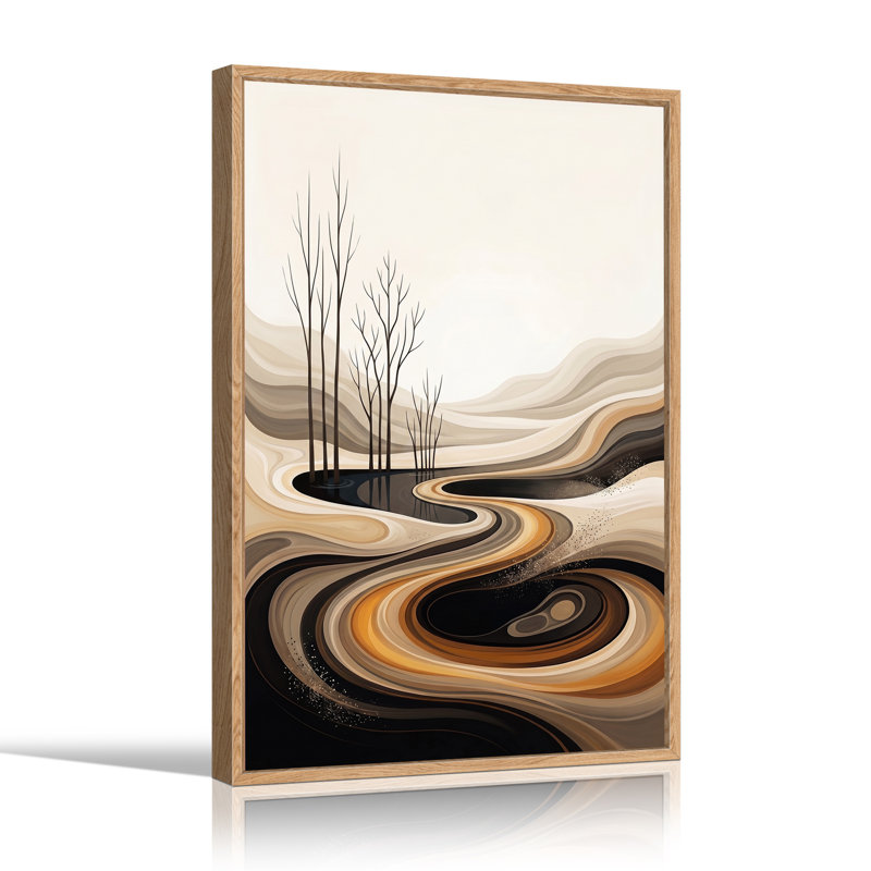 Tableau minimaliste sur toile représentant un paysage de rivière ondulée beige et brune avec des arbres., H 24 po x l 18 po