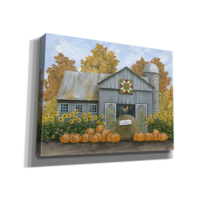  «Barn with Barn Quilt And Pumpkins» par Tanya Nyp, art mural sur toile, 54 po x 40 po, H 40 po x l 54 po