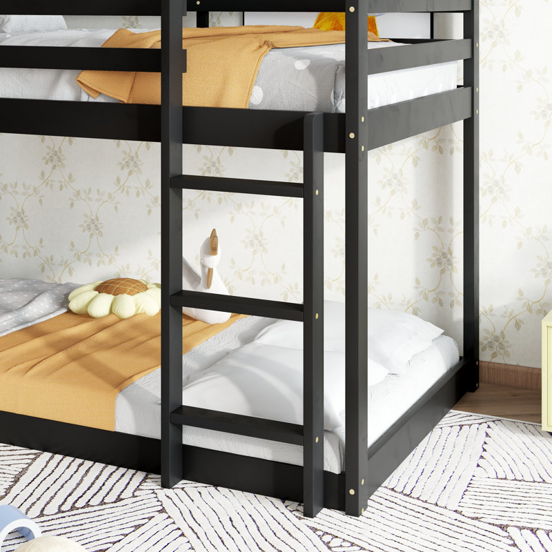 Twin Over Twin Rubber Wood Floor Bunk Bed, With Ladder,Guardrails,House-Shaped-Bunk Bed, Black, Black