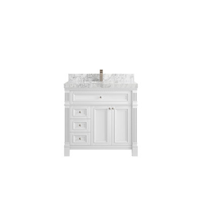Paris 36 In. W X 22 In. D Center Sink Bathroom Vanity In White With 2 In. Carrara Marble