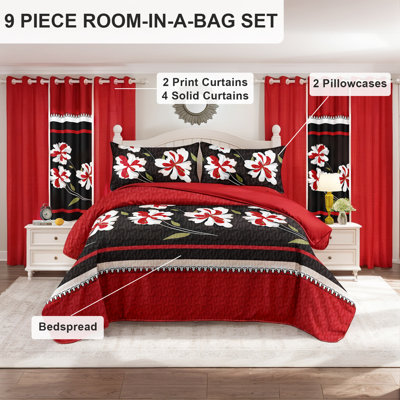 King Size 9-Piece Red & Black Floral Bedding & Curtain Set (King) - Quilted Microfiber Bedspread + Sheer Drapes