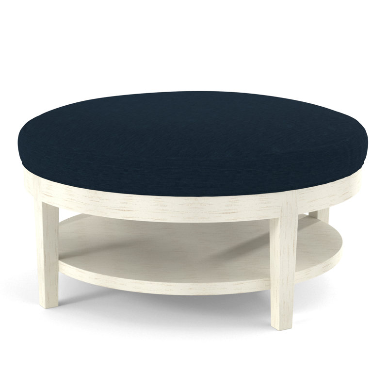Midtown Upholstered Ottoman, Green and Blue Stripe; 0252-54, Antique Frost White Finish