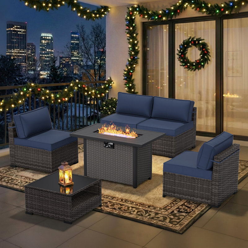 4-Person All-Weather Rattan Modular Patio Lounge Set with Plush Cushions & Built-In Fire Pit Table, Blue, Brown/Gray