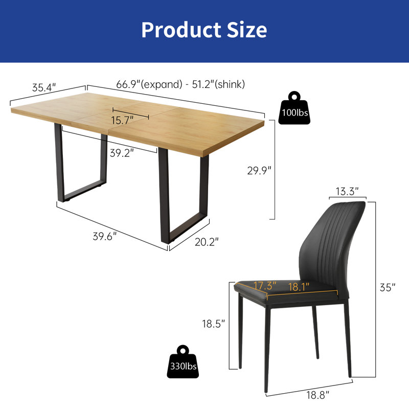 Ensemble de table de salle à manger à rallonge 66,9 po avec table à rallonge avec 6 chaises, Noir