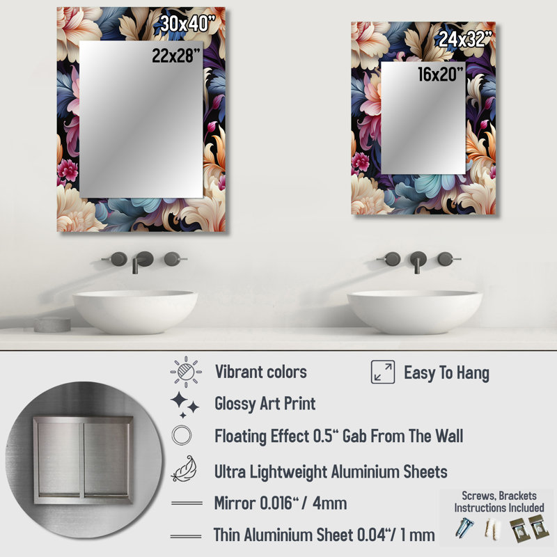 Motif botanique bleu et rose Cecele - motif décoratif cachemire, miroir mural Glam, 40 po x 30 po