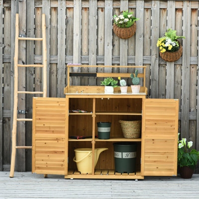 3 Shelves Garden Cabinet, Solid Fir Wood, 2 Magnetic Close Doors, Hooks, Yellow, 33.89" L X 17.35" W 46.95" H Wooden Shed, Shelves, Fir,
