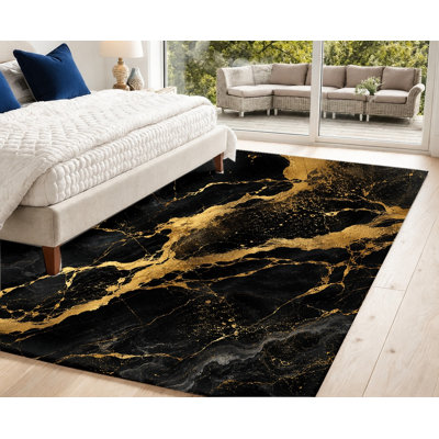Tapis lavable à la machine abstrait en marbre noir doré avec envers antidérapant, tapis de sol veiné de luxe, décoration intérieure confortable pour le salon, la chambre à coucher, la salle à manger, le couloir, l’appartement