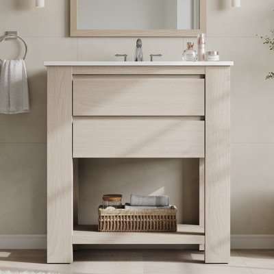 30" Freestanding Wood Bathroom Vanity with Sink, 2 Drawers & Open Storage Shelf, White Oak