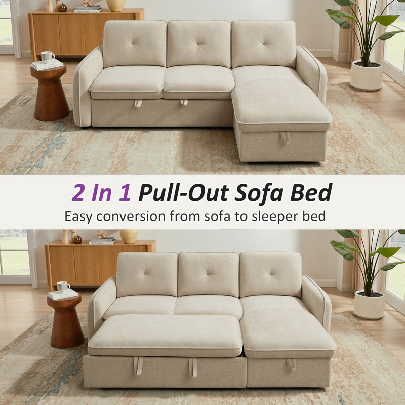 90.9'' L-Shaped Pull-Out Sofa Bed, Beige Polyester