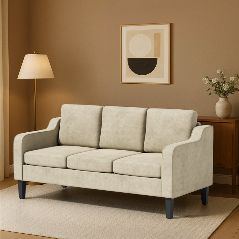 Upholstered 3-Seater Sofa, 3 Person Seat Couch With Scooped Armrest, Wood Legs And Removable Cushions, Gray
