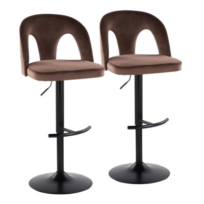 Adjustable Gold Metal and Espresso Velvet Barstools with 360-Degree Swivel and Rounded T Footrest - Set of 2