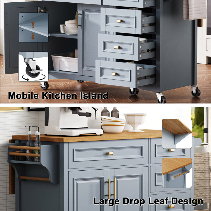 52'' Kitchen Island With Drop Leaf With 2 Doors And 5 Drawers, Gray/Brown