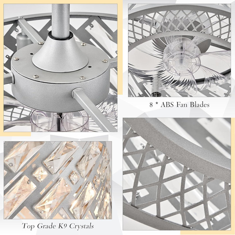 18.5" Crystal Caged Bladeless Ceiling Fan With Light, Remote Control, Silent 6-Speed Reversible Motor – Modern Enclosed Ceiling Fan For Bedroom, Kitchen, Living Room (Silver)