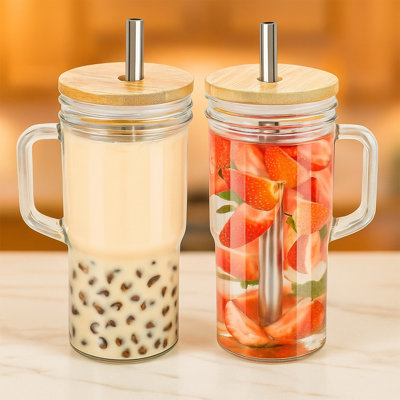 Glass Cups With Lids Straws 24Oz 2 Pack