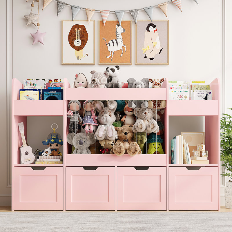  Rangement pour jouets de 63 po avec 4 tiroirs amovibles, rangement pour animaux en peluche de 132 L avec 2 armoires, rangement pour jouets avec bibliothèque à 6 niveaux, pour salle de jeux, chambre de bébé, chambre d'enfant, rose