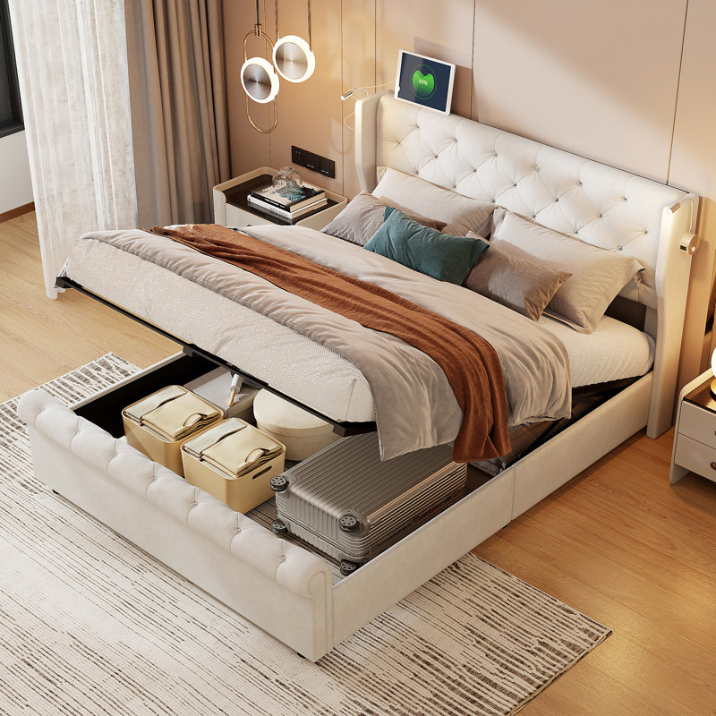 Corbe Velvet Ottoman Bed Frame with Wingback Crystal Tufted Headboard, USB Reading Lights and Lift-Up Storage