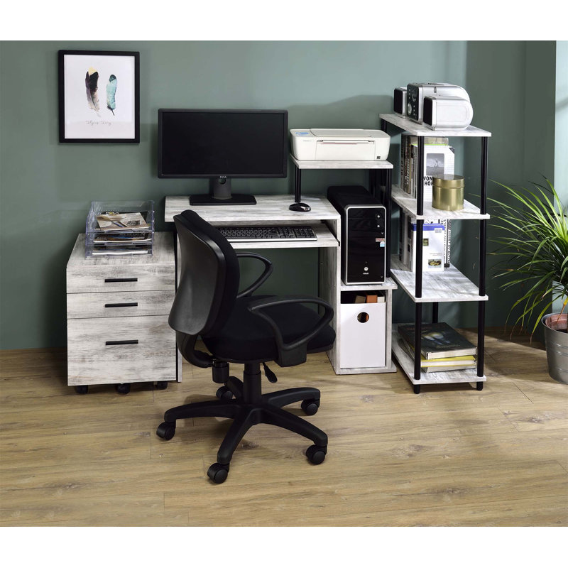 Lyphre Antique Finish Computer Desk With Keyboard Tray And Storage, For Home Office And Study Areas, Antique White/Black