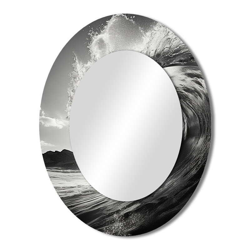 Black And White Wave Photo I - Beach Decorative Wall Mirror, Gray Mirror, Printed Metal Art, 36" x 24", Oval