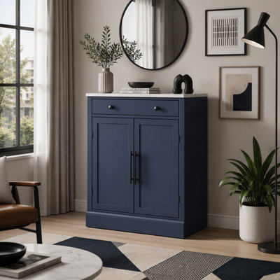 Modern Freestanding Kitchen Pantry Cabinet with Drawer, 2 Adjustable Shelves and 2 Door Shelves, Faux Marble Countertop, Blue