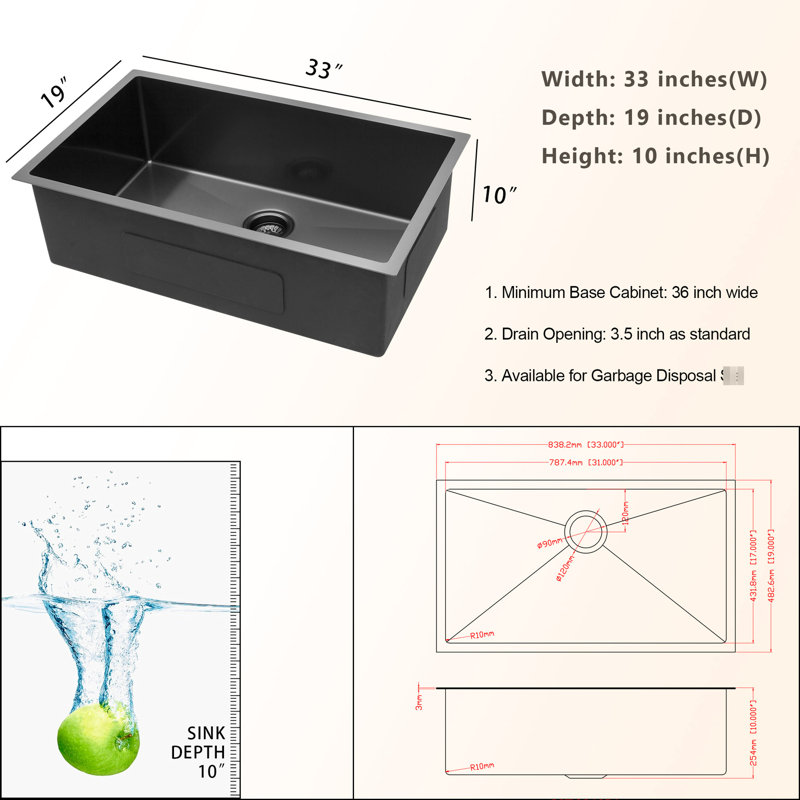 33"X19"X10" Gunmetal Black Undermount Kitchen Sink, 16G Stainless, Space Utilization Basin, 16 Gauge Enhances Aesthetics