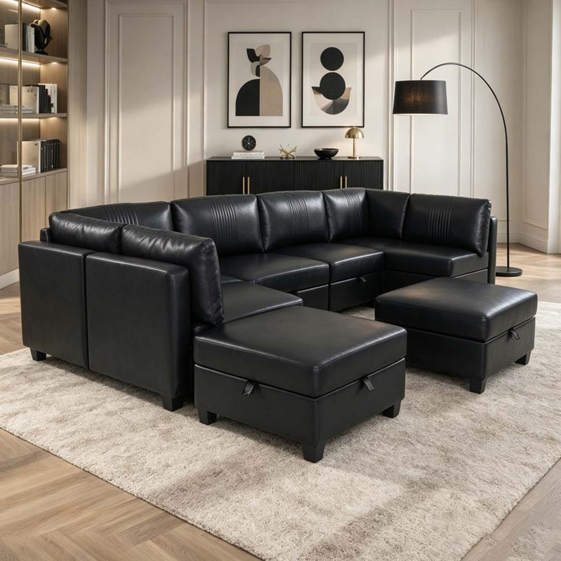 Canapé modulable en polyuréthane flexible, formes convertibles, rangement et canapé-lit, Black-8seats