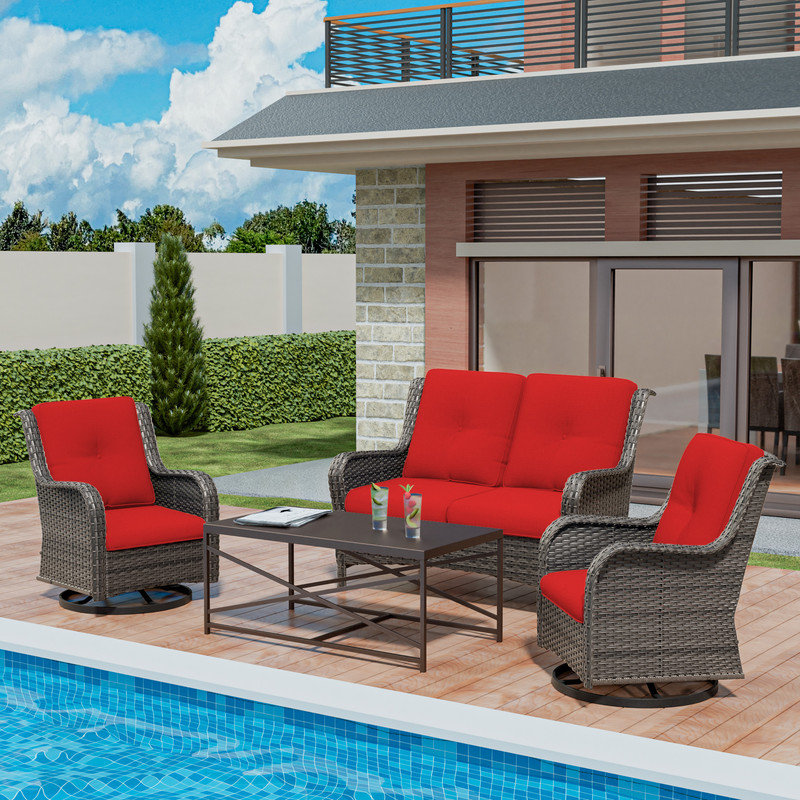 4-Pieces Wicker Outdoor Patio Furniture Set Rattan Chair Wicker Set with Red Cushion, Red