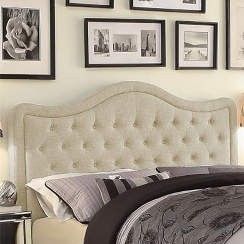 Adjustable Headboard with Fine Linen Upholstery and Button Tufting for Bedroom, Beige, King