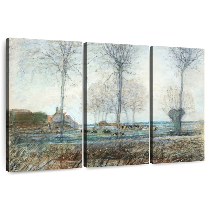 Alvord Farm mettant trois grands arbres au premier plan, H 48 po x l 74 po