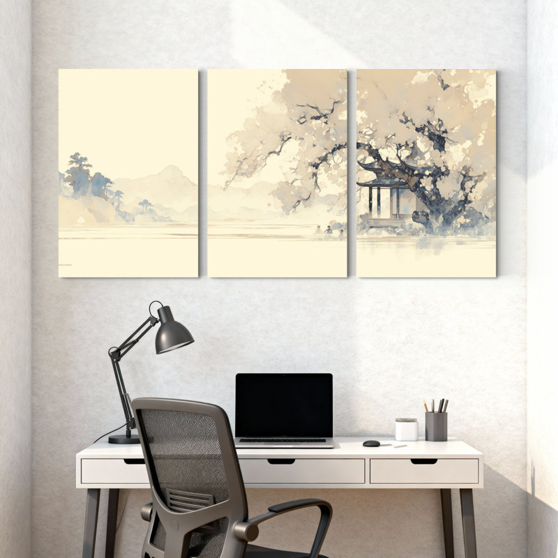 Paysage et nature montagne lac pavillon arbre brume eau ciel ensemble de 3 impressions sur toile, H 24 po x l 48 po